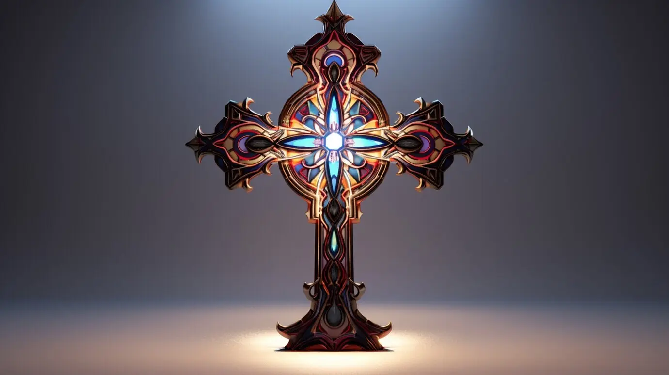 Dreidimensionales Rendering eines Kreuzes aus Buntglas